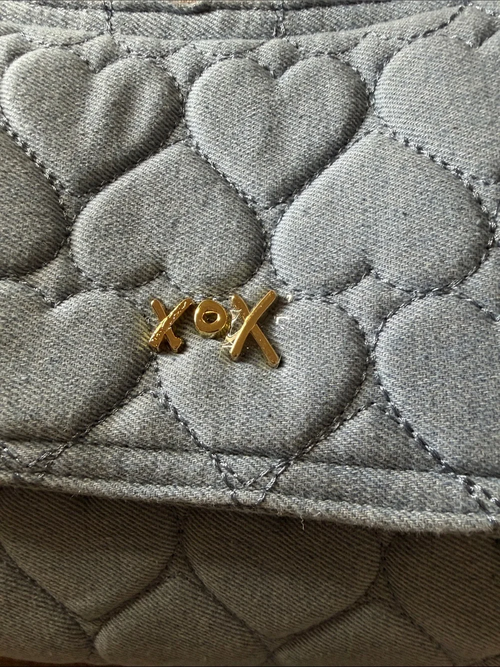 Betsey Johnson Quilted Heart Jeans Shoulder Bag in Light Blue with Bandana Charm